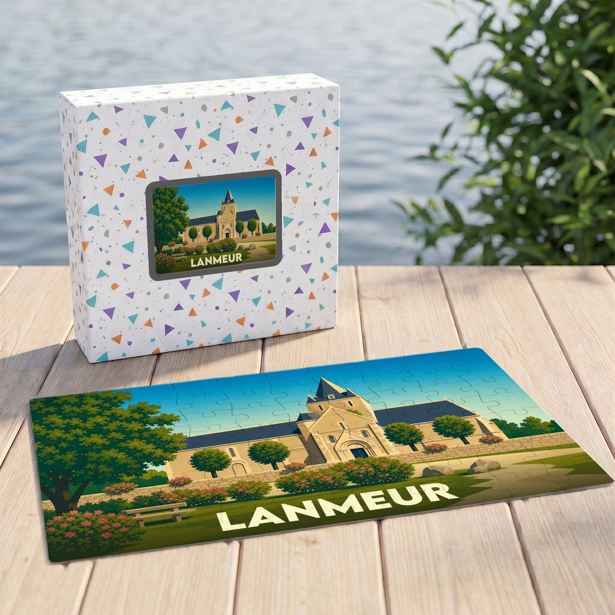 Puzzle souvenir de la ville de Lanmeur avec une illustration stylisée d'un bâtiment historique.