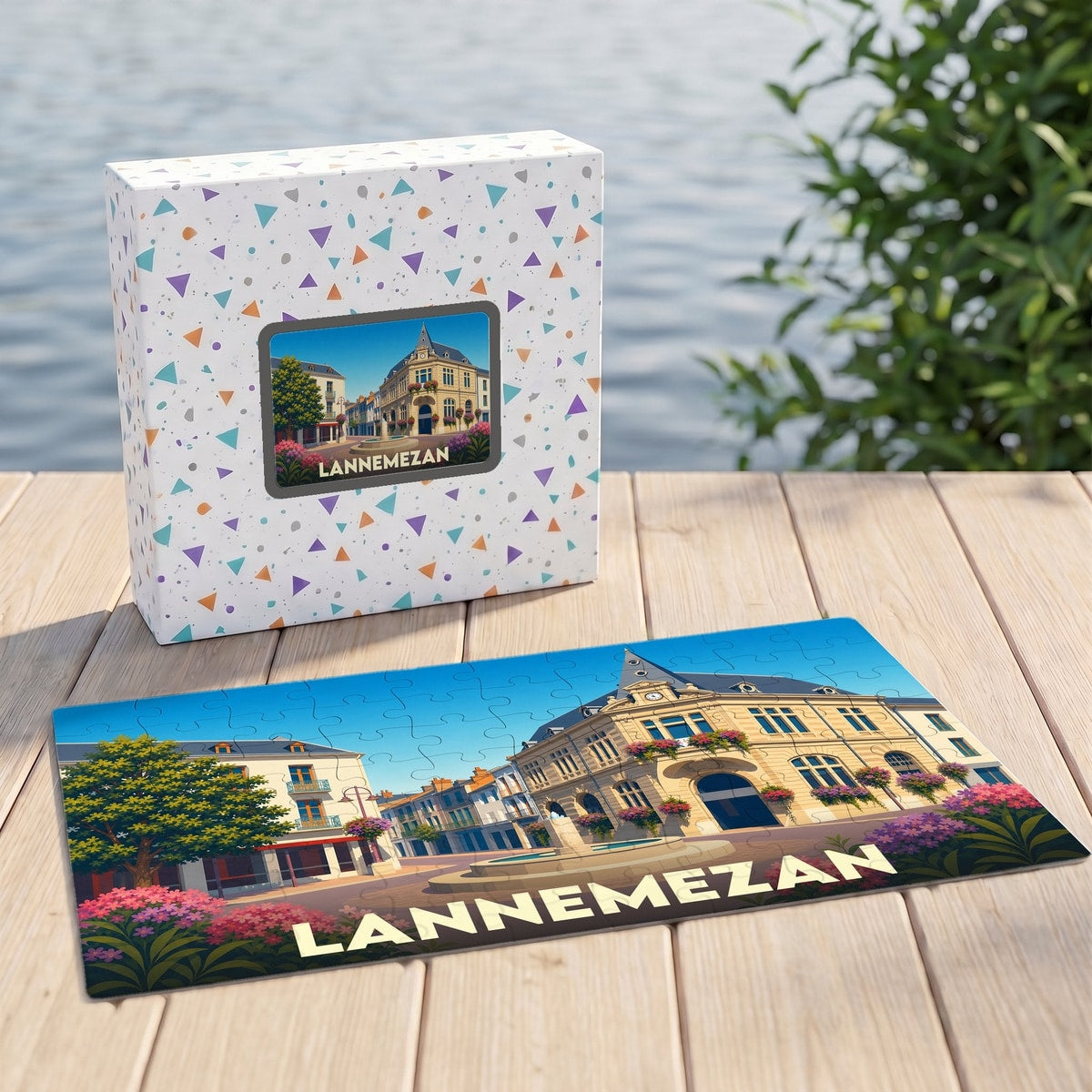 Puzzle souvenir de la ville de Lannemezan avec une illustration stylisée.