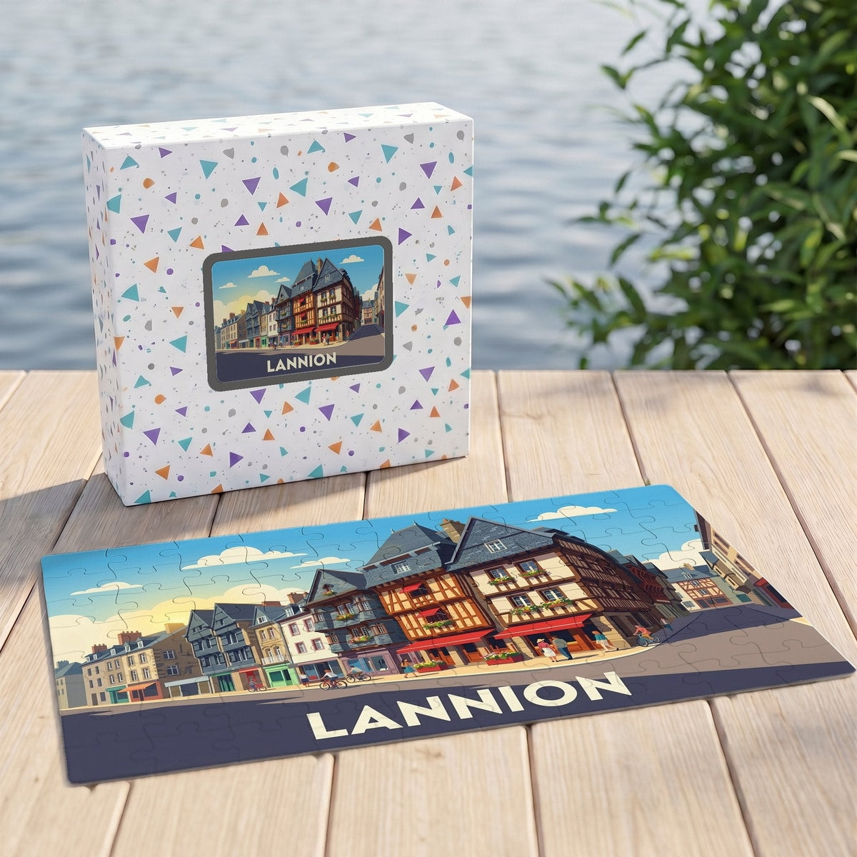 Puzzle souvenir de la ville de Lannion représentant ses maisons à colombages dans un style illustré.