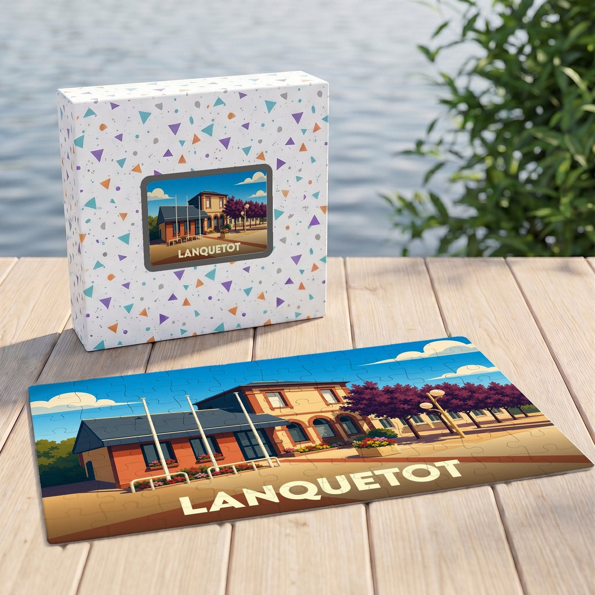 Puzzle souvenir de la ville de Lanquetot avec une illustration stylisée et colorée.