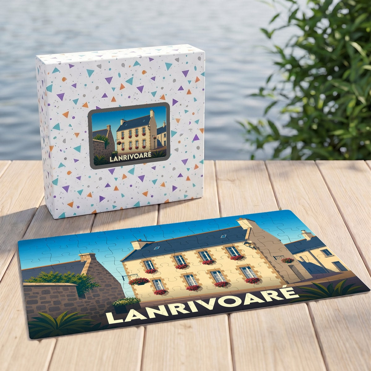Puzzle souvenir de la ville de Lanrivoaré avec une illustration stylisée d'une maison traditionnelle.