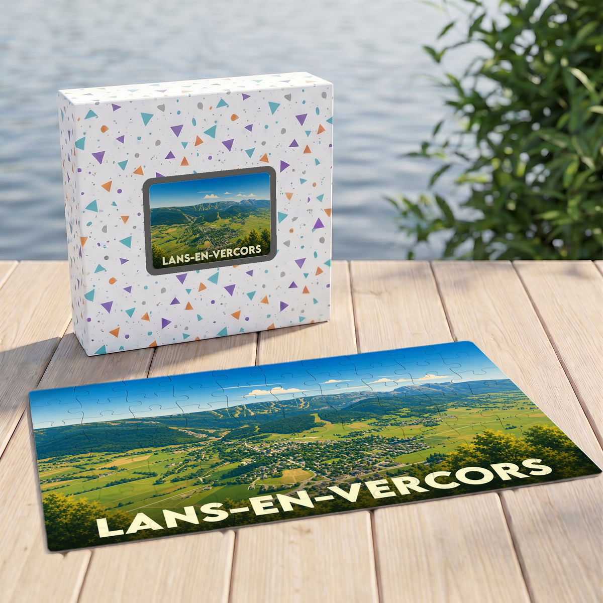 Puzzle souvenir de la ville de Lans-en-Vercors avec une illustration panoramique de ses paysages montagneux.