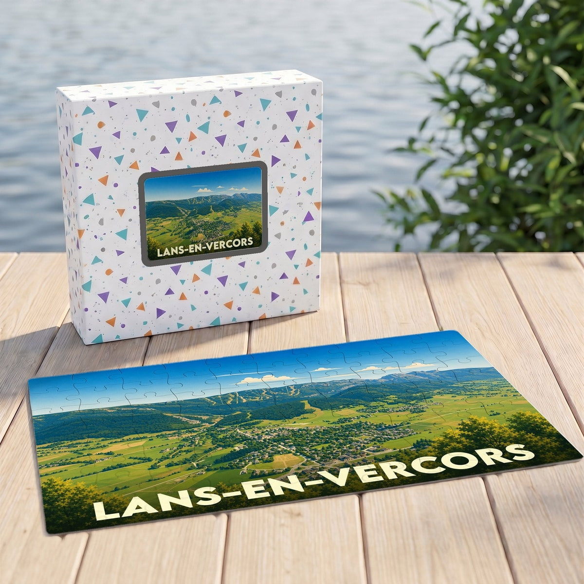 Puzzle souvenir de la ville de Lans-en-Vercors avec une illustration panoramique de ses paysages montagneux.