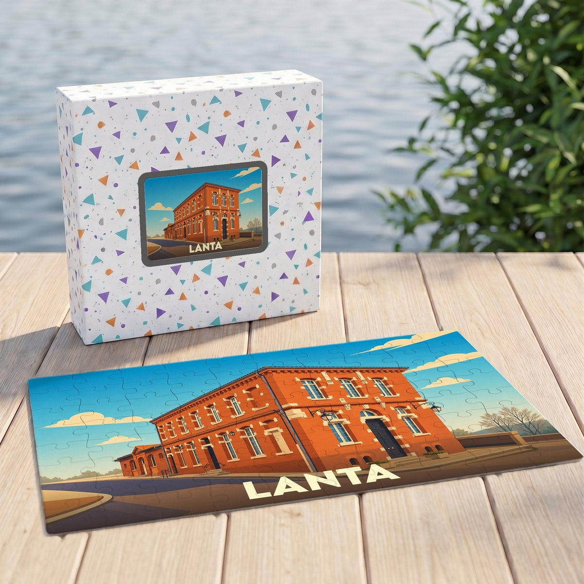 Puzzle souvenir de la ville de Lanta avec une illustration stylisée d'un bâtiment en briques rouges.