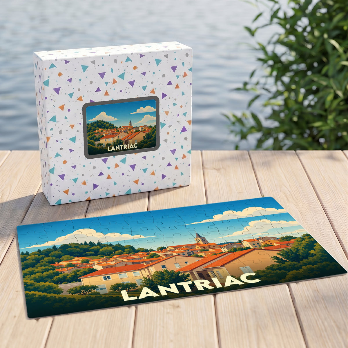 Puzzle souvenir de la ville de Lantriac avec une illustration stylisée.