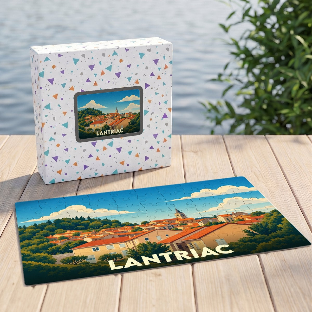 Puzzle souvenir de la ville de Lantriac avec une illustration stylisée.