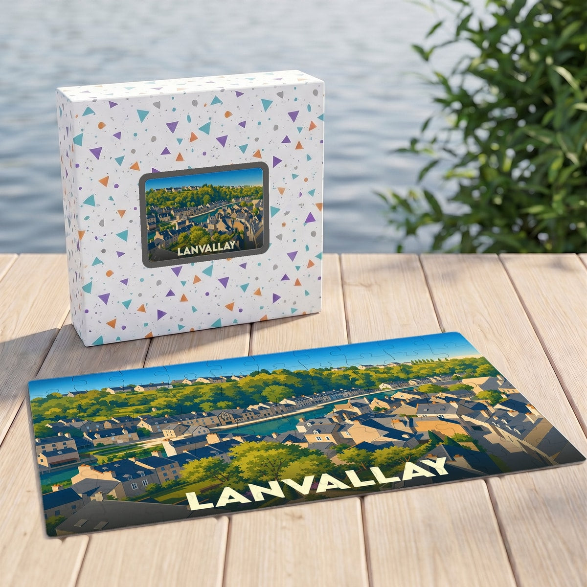 Puzzle souvenir de la ville de Lanvallay avec une illustration paysagère stylisée.