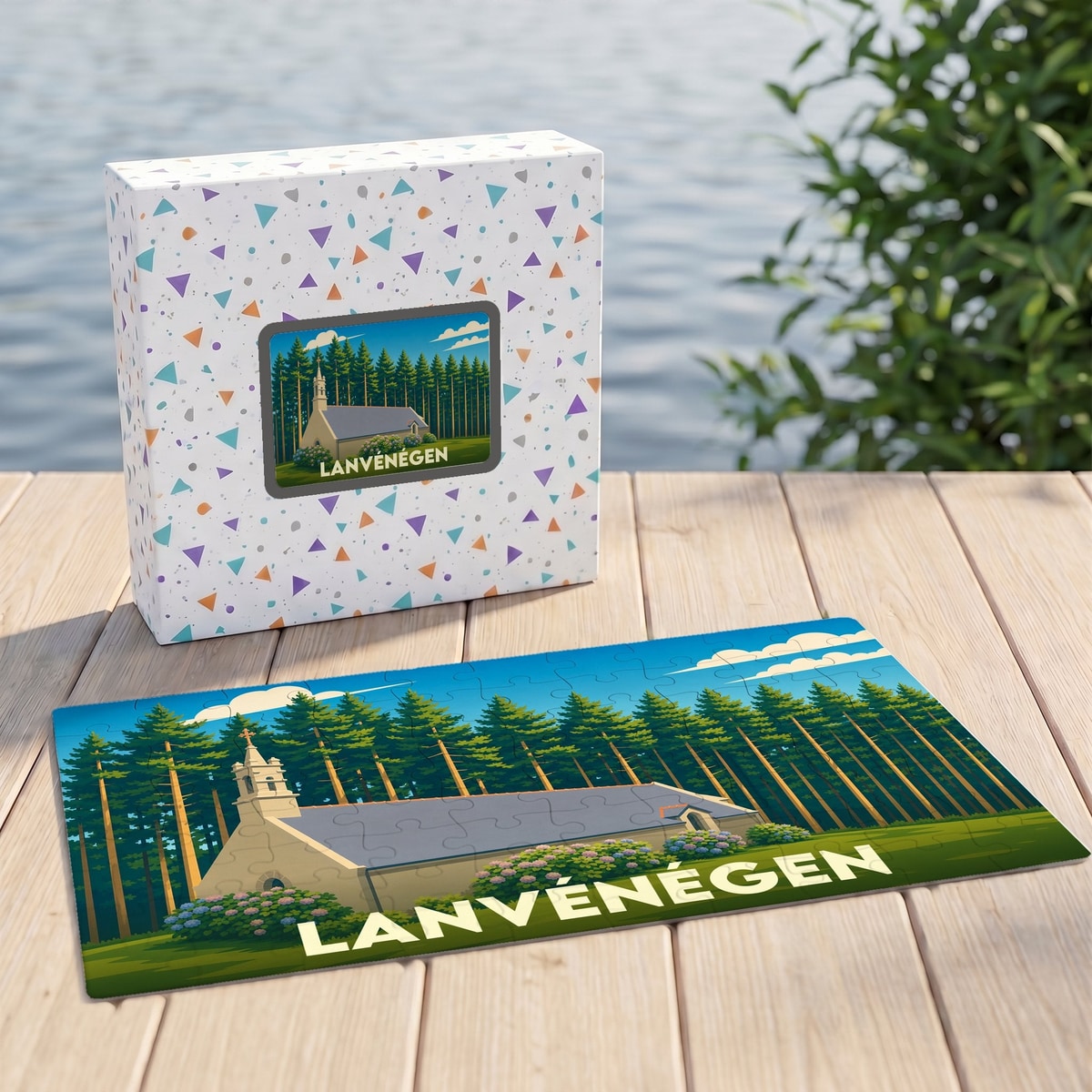 Puzzle souvenir de la ville de Lanvénégen avec son illustration stylisée de chapelle et de forêt.