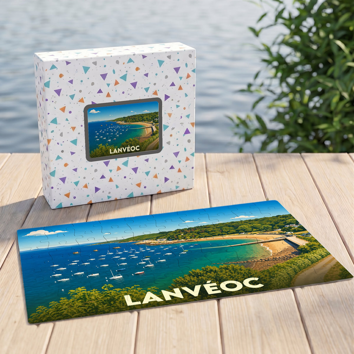 Puzzle souvenir de la ville de Lanvéoc avec une illustration panoramique de son port et de sa côte.