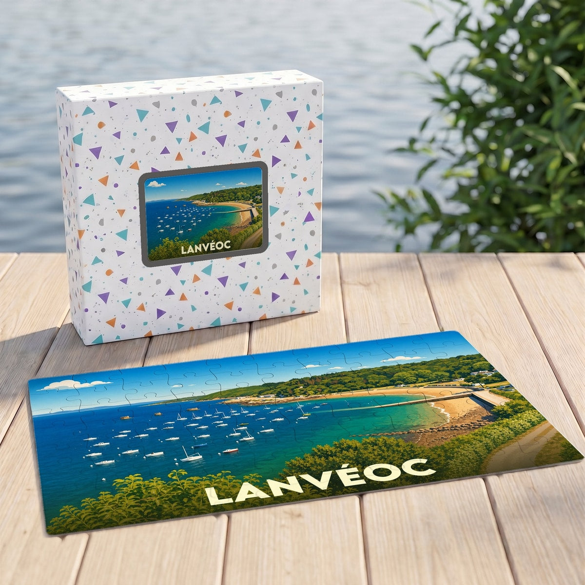 Puzzle souvenir de la ville de Lanvéoc avec une illustration panoramique de son port et de sa côte.