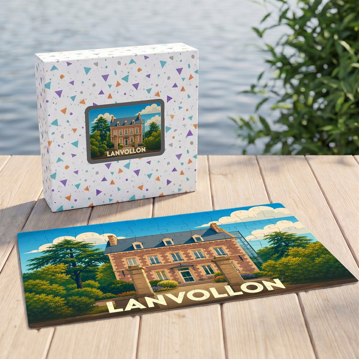 Puzzle souvenir de la ville de Lanvollon présentant une illustration stylisée d'un manoir breton.