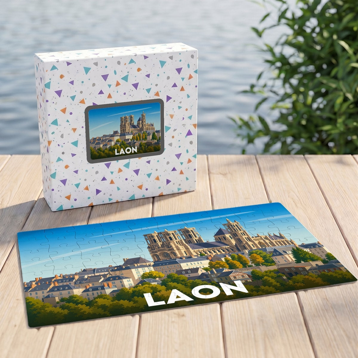 Puzzle souvenir de la ville de Laon avec une illustration stylisée de sa cathédrale.