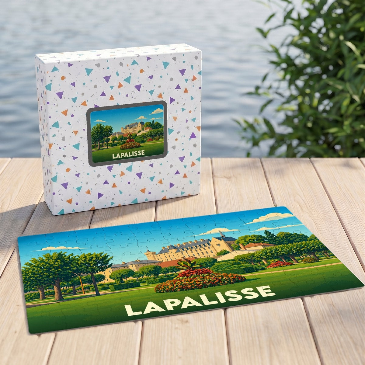 Puzzle souvenir de la ville de Lapalisse représentant son château et ses jardins avec une illustration stylisée.