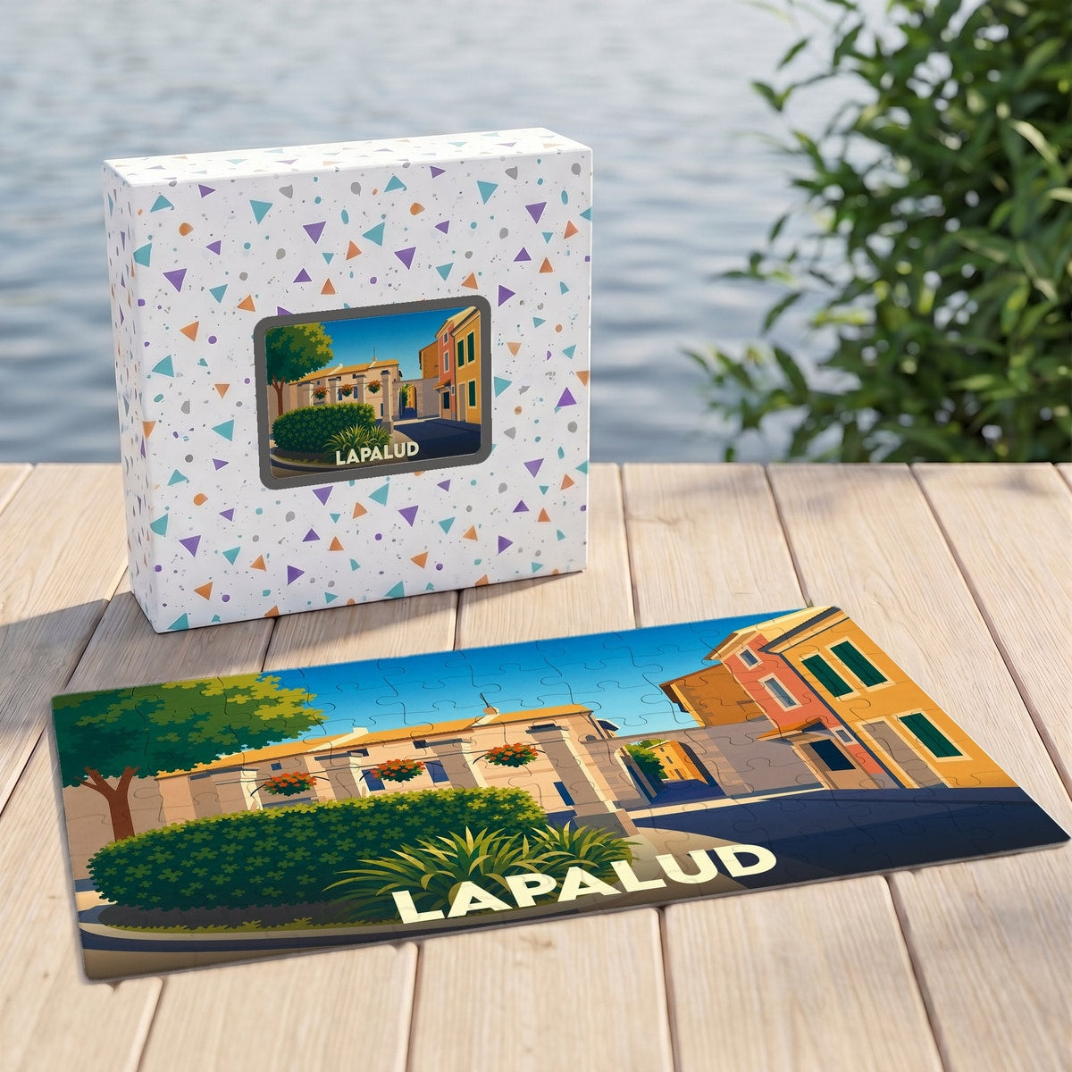 Puzzle souvenir de la ville de Lapalud présentant une illustration colorée et stylisée de ses rues.