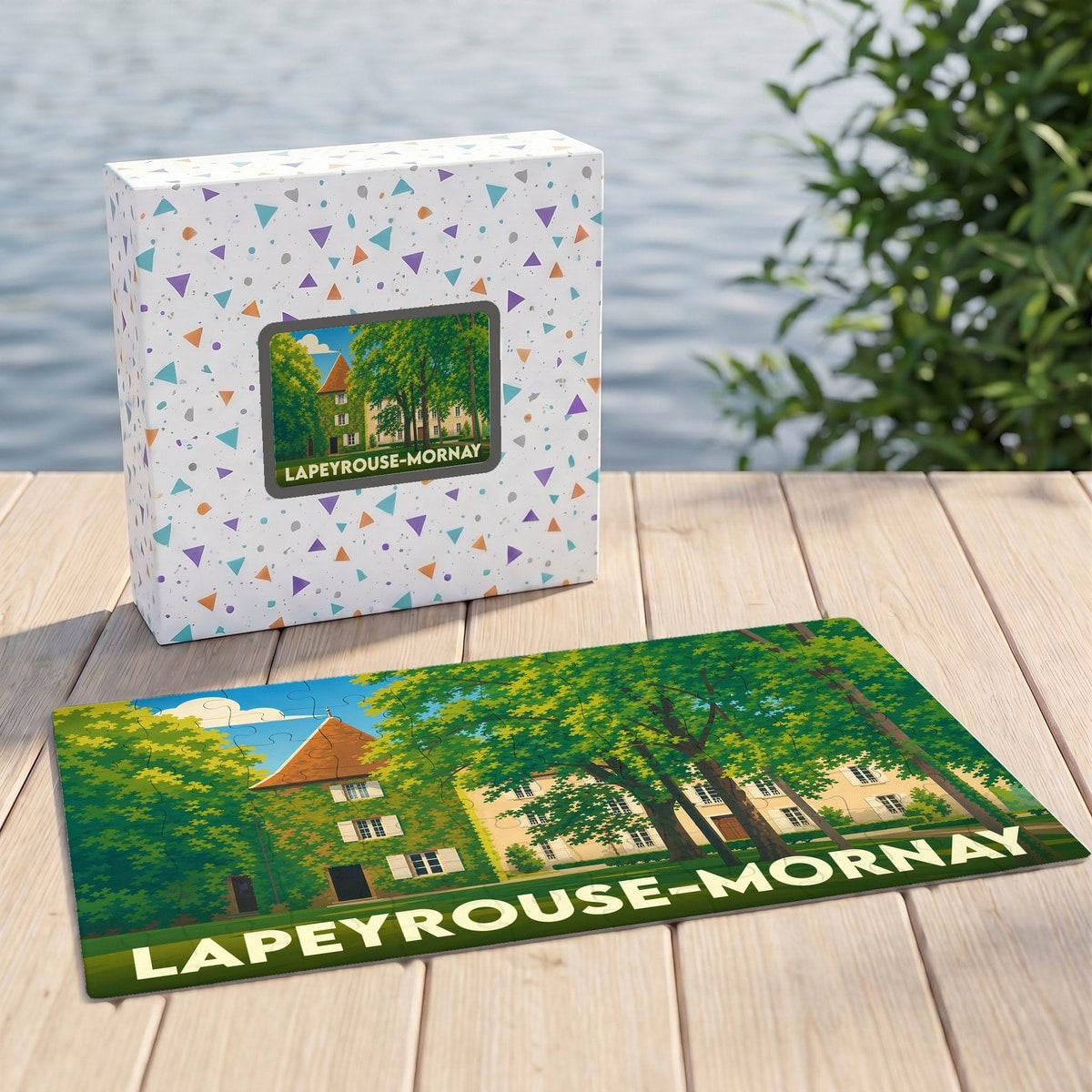 Puzzle souvenir de la ville de Lapeyrouse-Mornay avec une illustration stylisée de son patrimoine.