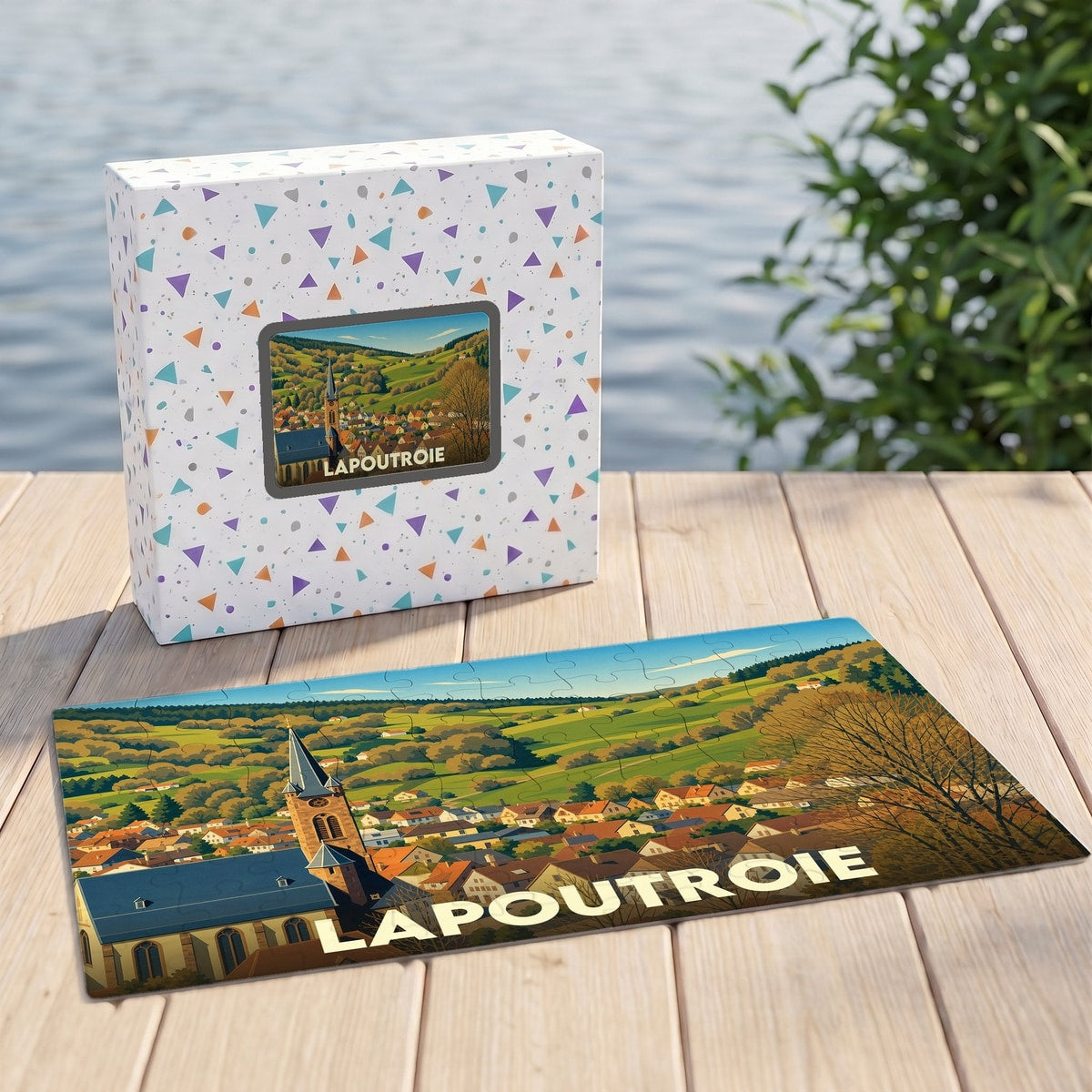 Puzzle souvenir de la ville de Lapoutroie avec une illustration stylisée d'un paysage de montagne.