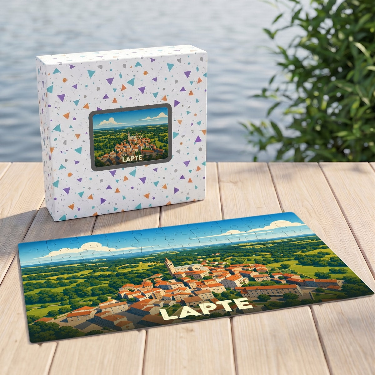 Puzzle souvenir de la ville de Lapte avec une illustration stylisée de son paysage urbain.