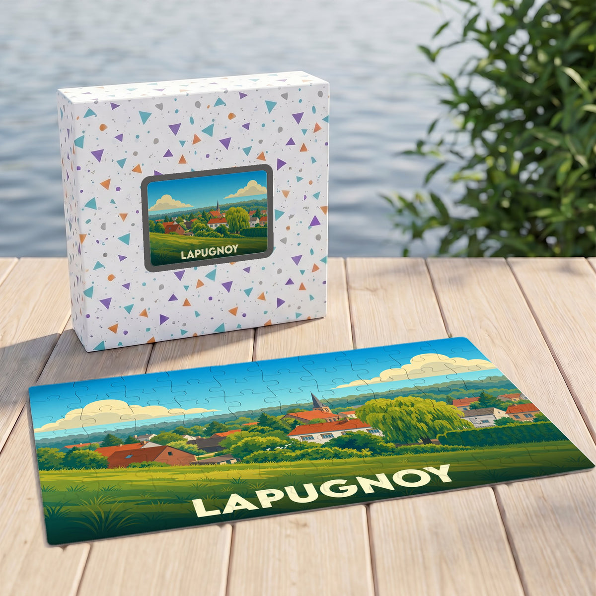 Puzzle souvenir de la ville de Lapugnoy avec une illustration stylisée d'un paysage urbain verdoyant.