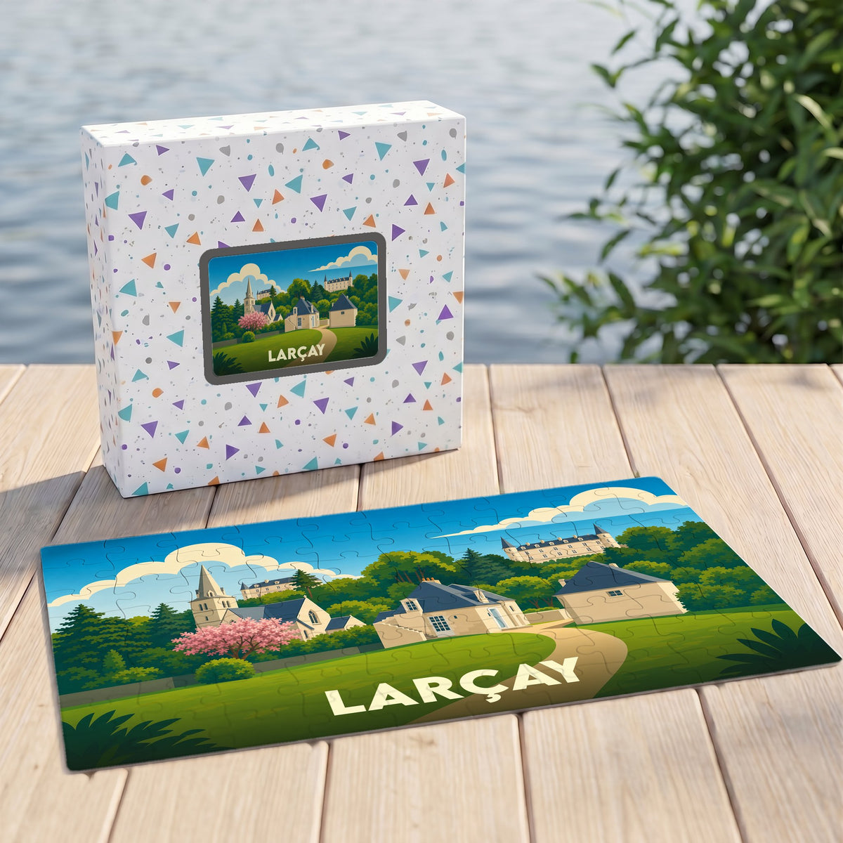 Puzzle souvenir de la ville de Larçay avec une illustration colorée de ses monuments et paysages.