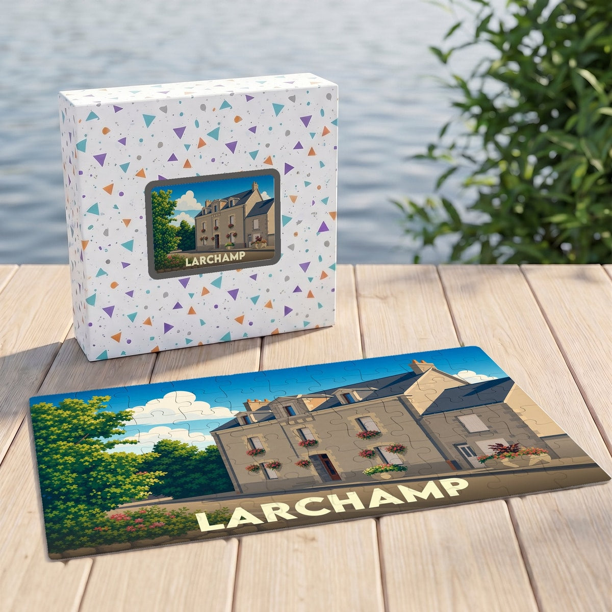 Puzzle souvenir de la ville de Larchamp avec une illustration stylisée d'un bâtiment en pierre.