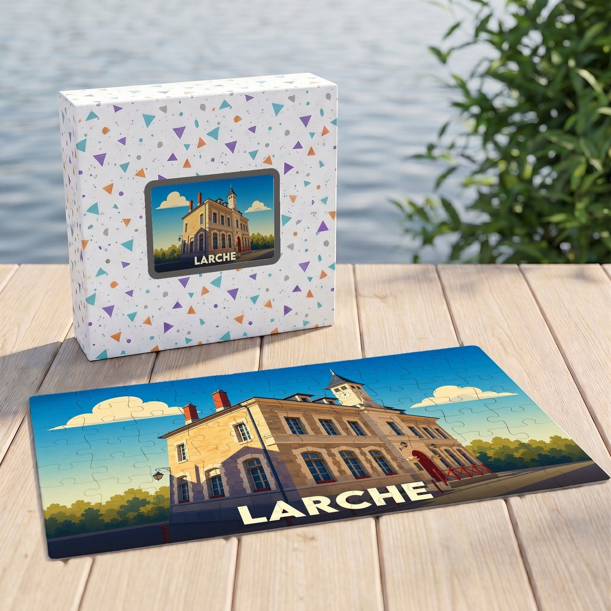 Puzzle souvenir de la ville de Larche avec une illustration stylisée du patrimoine local.