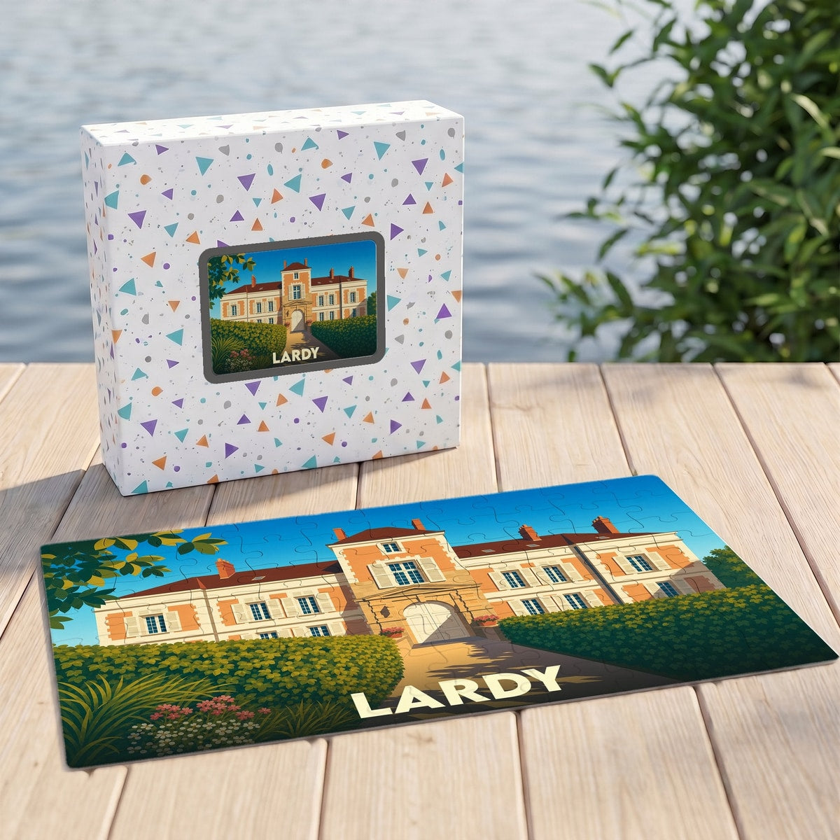 Puzzle souvenir de la ville de Lardy avec une illustration stylisée de son patrimoine.