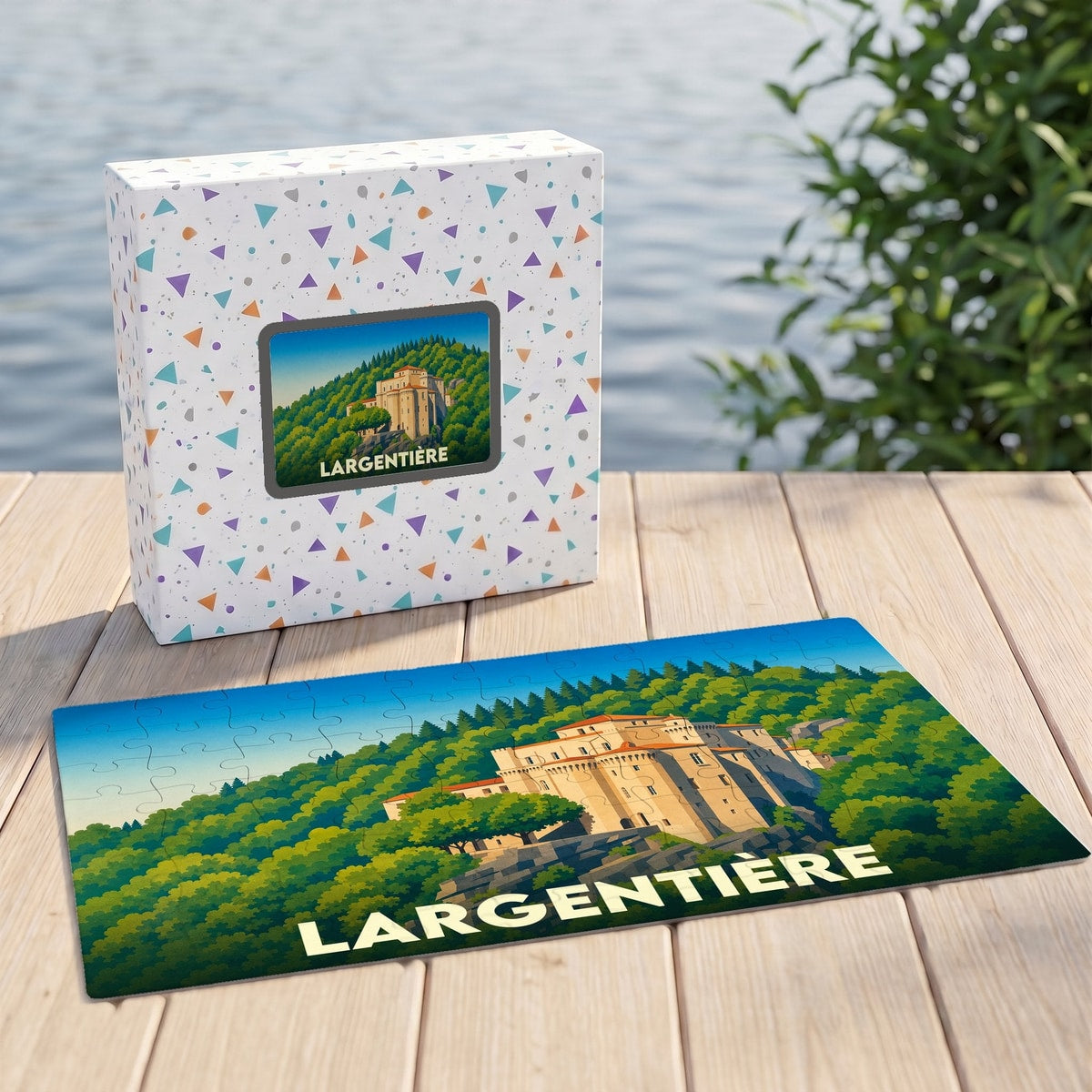 Puzzle souvenir de la ville de Largentière avec une illustration stylisée d'un château boisé.