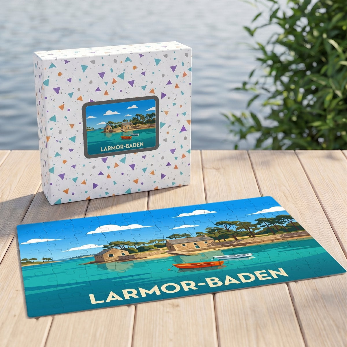 Puzzle souvenir de la ville de Larmor-Baden avec une illustration stylisée d'un paysage côtier breton.