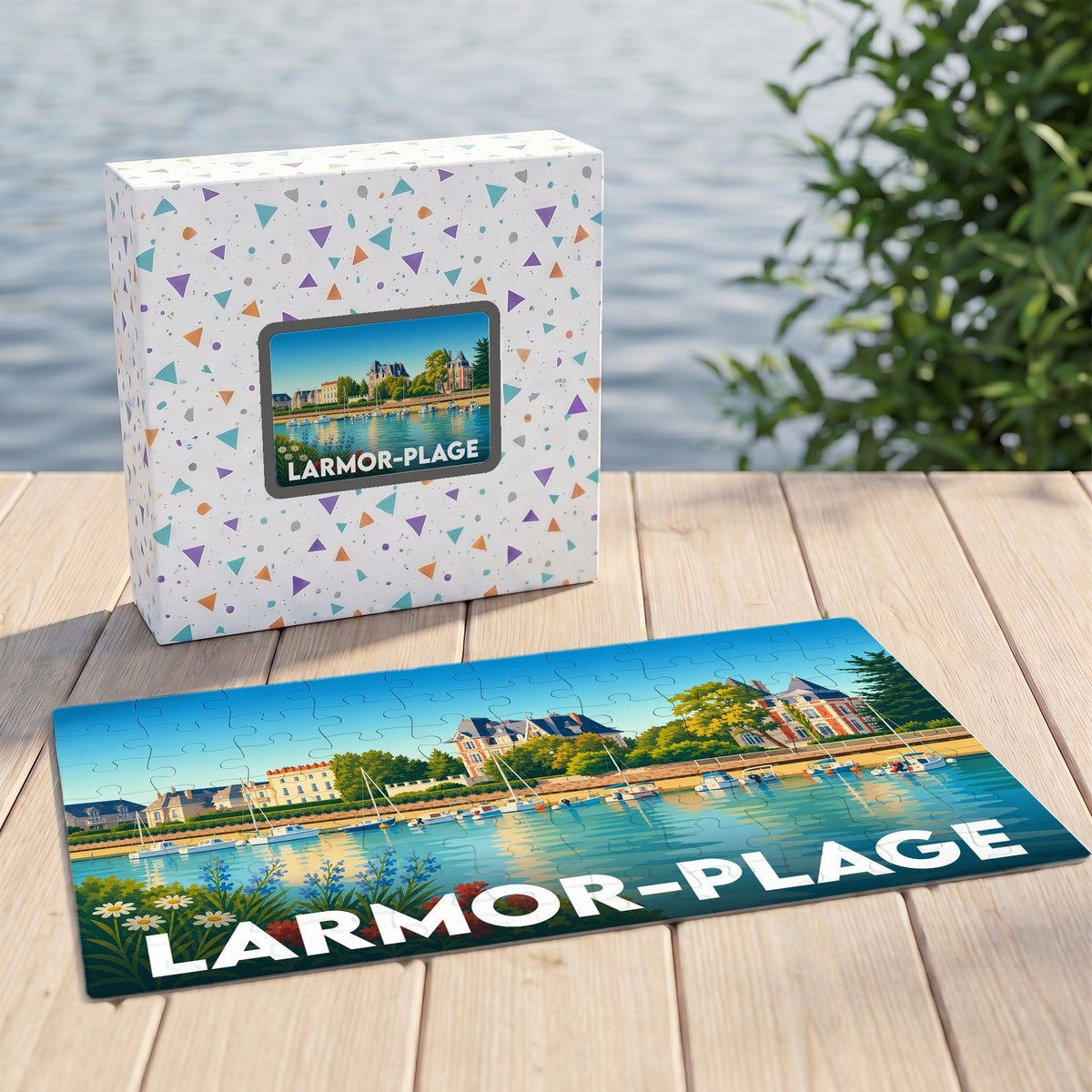 Puzzle souvenir de la ville de Larmor-Plage représentant une illustration stylisée du front de mer.