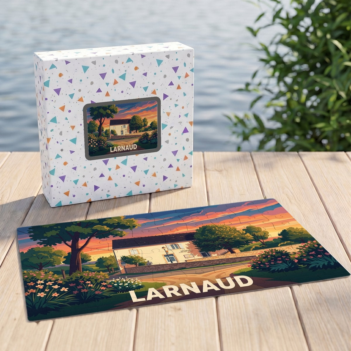 Puzzle souvenir de la ville de Larnaud avec une illustration stylisée représentant un coucher de soleil sur la mairie.