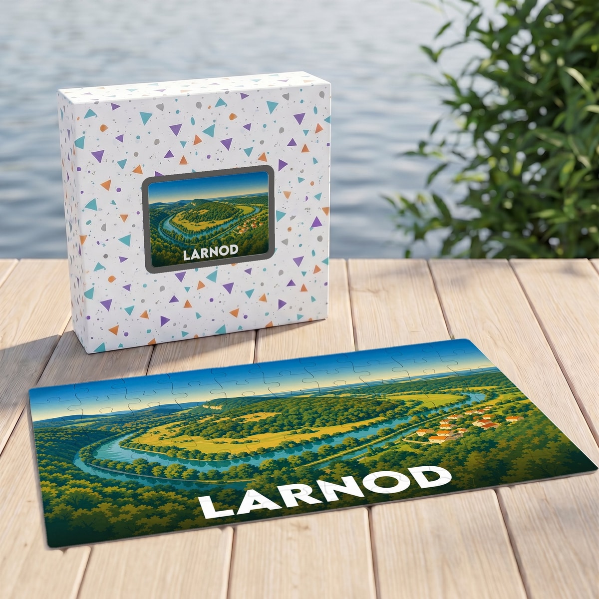 Puzzle souvenir de la ville de Larnod représentant un méandre de rivière dans un paysage verdoyant.