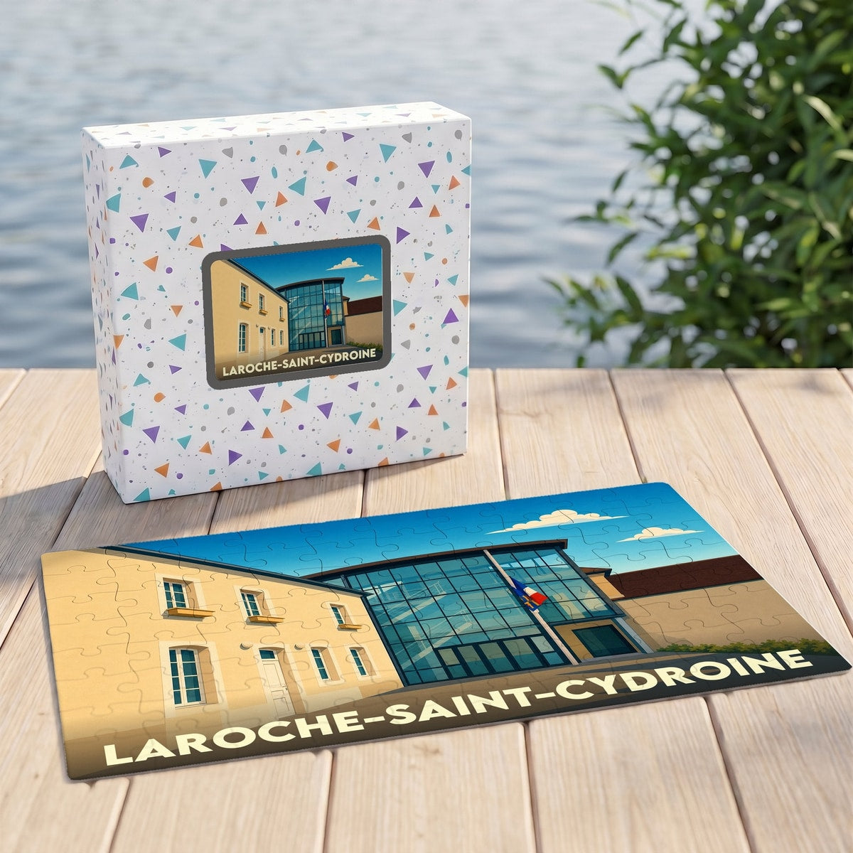 Puzzle souvenir de la ville de Laroche-Saint-Cydroine avec une illustration stylisée de sa mairie.