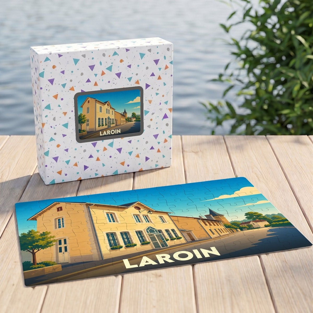 Puzzle souvenir de la ville de Laroin présentant une illustration stylisée de son architecture locale.