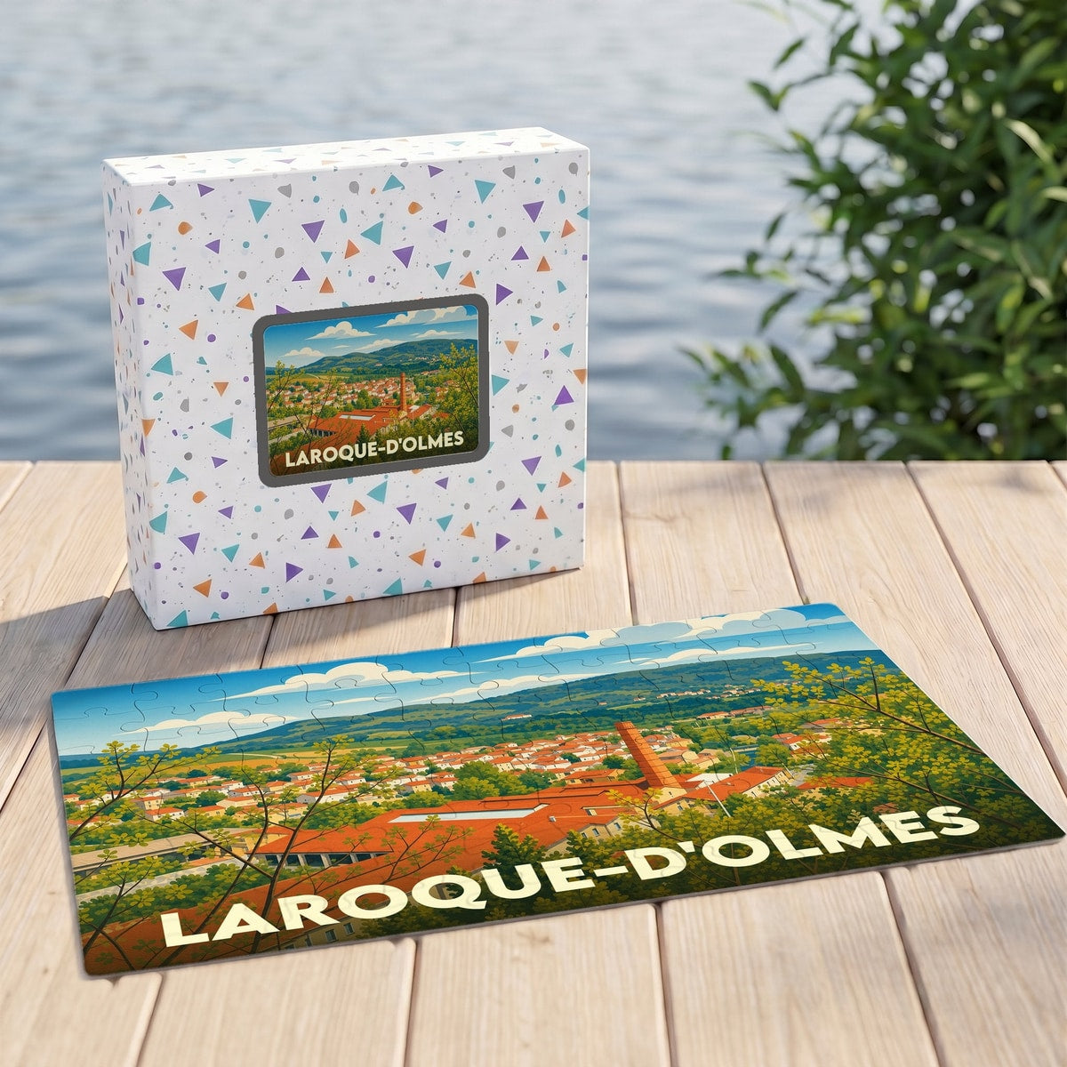 Puzzle souvenir de la ville de Laroque-d'Olmes avec une illustration panoramique stylisée.