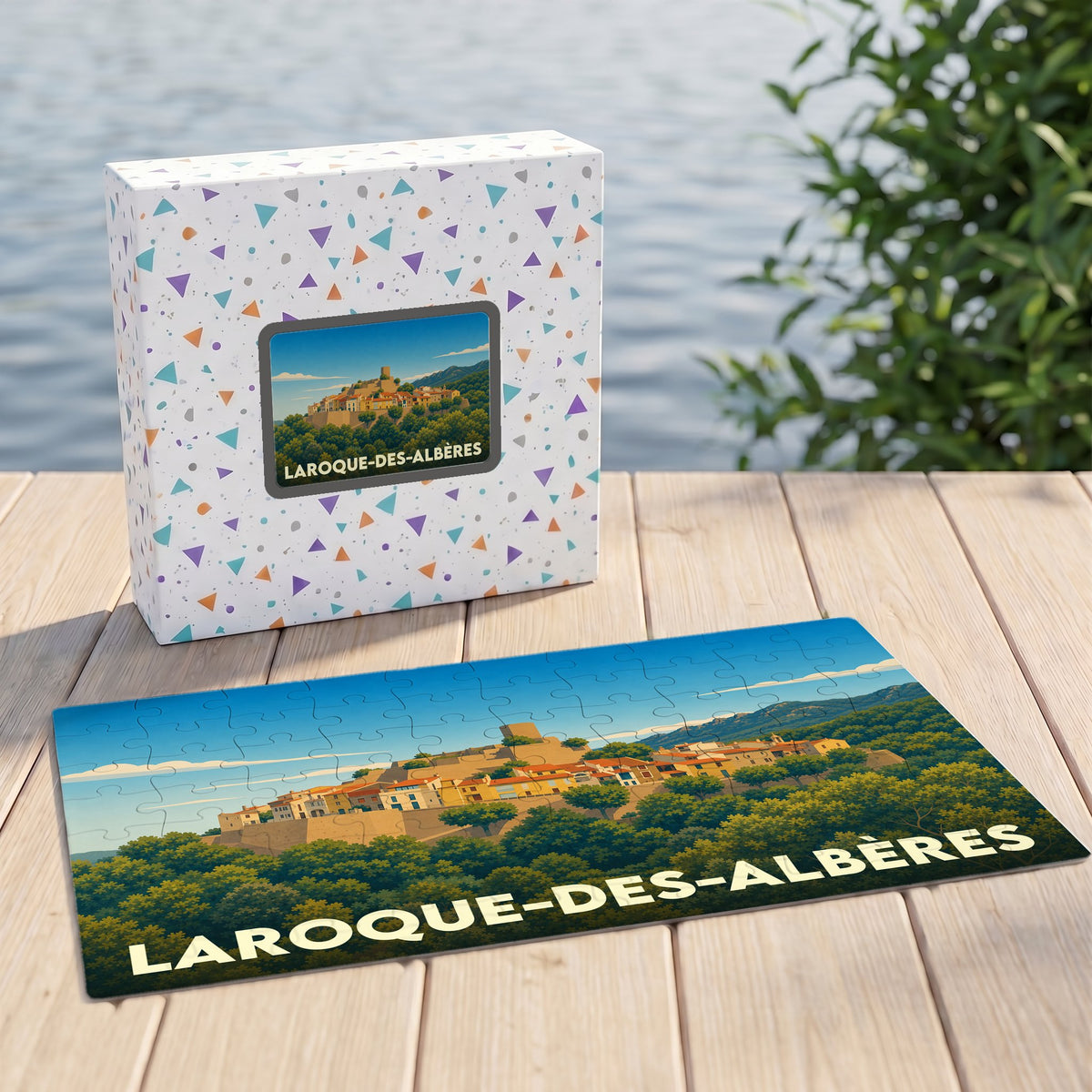 Puzzle souvenir de la ville de Laroque-des-Albères avec une illustration stylisée de son village perché.