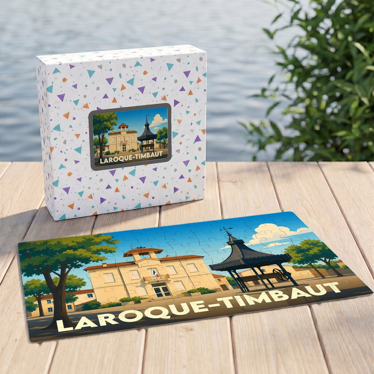 Puzzle souvenir de la ville de Laroque-Timbaut avec une illustration stylisée de sa mairie et de sa halle.