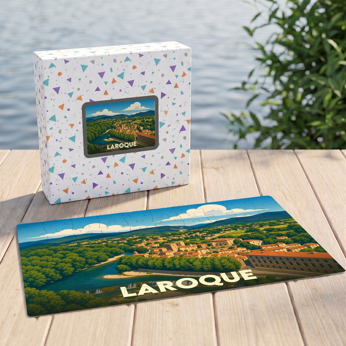 Puzzle souvenir de la ville de Laroque avec une illustration stylisée.