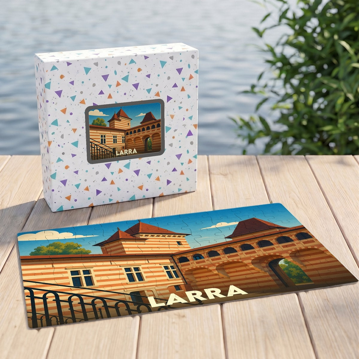 Puzzle souvenir de la ville de Larra avec une illustration stylisée d'un bâtiment historique.