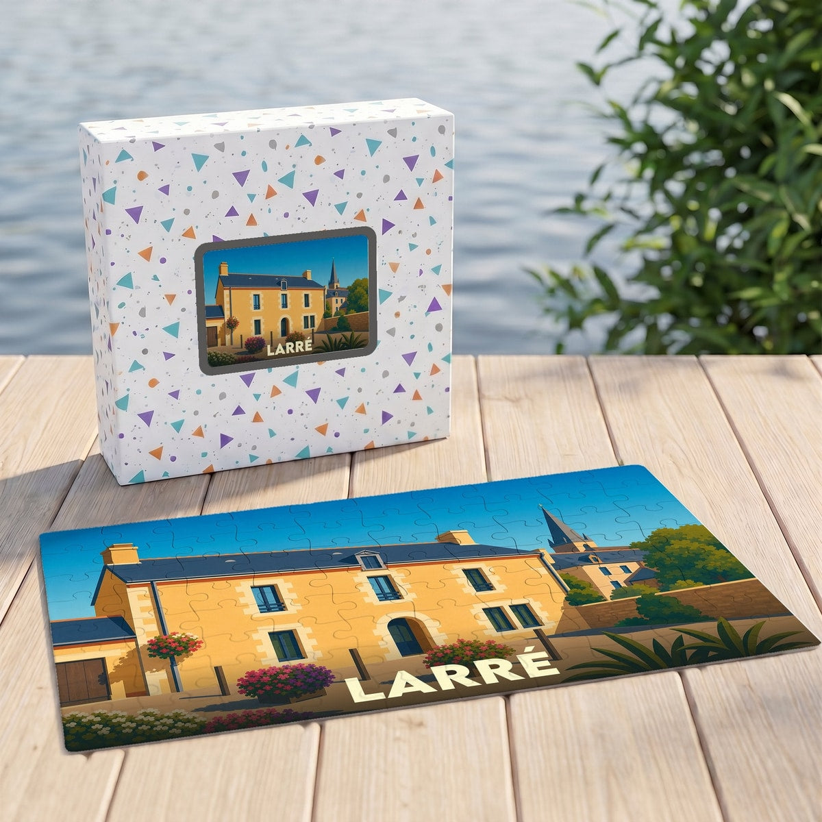 Puzzle souvenir de la ville de Larré représentant une illustration stylisée d'un bâtiment traditionnel.