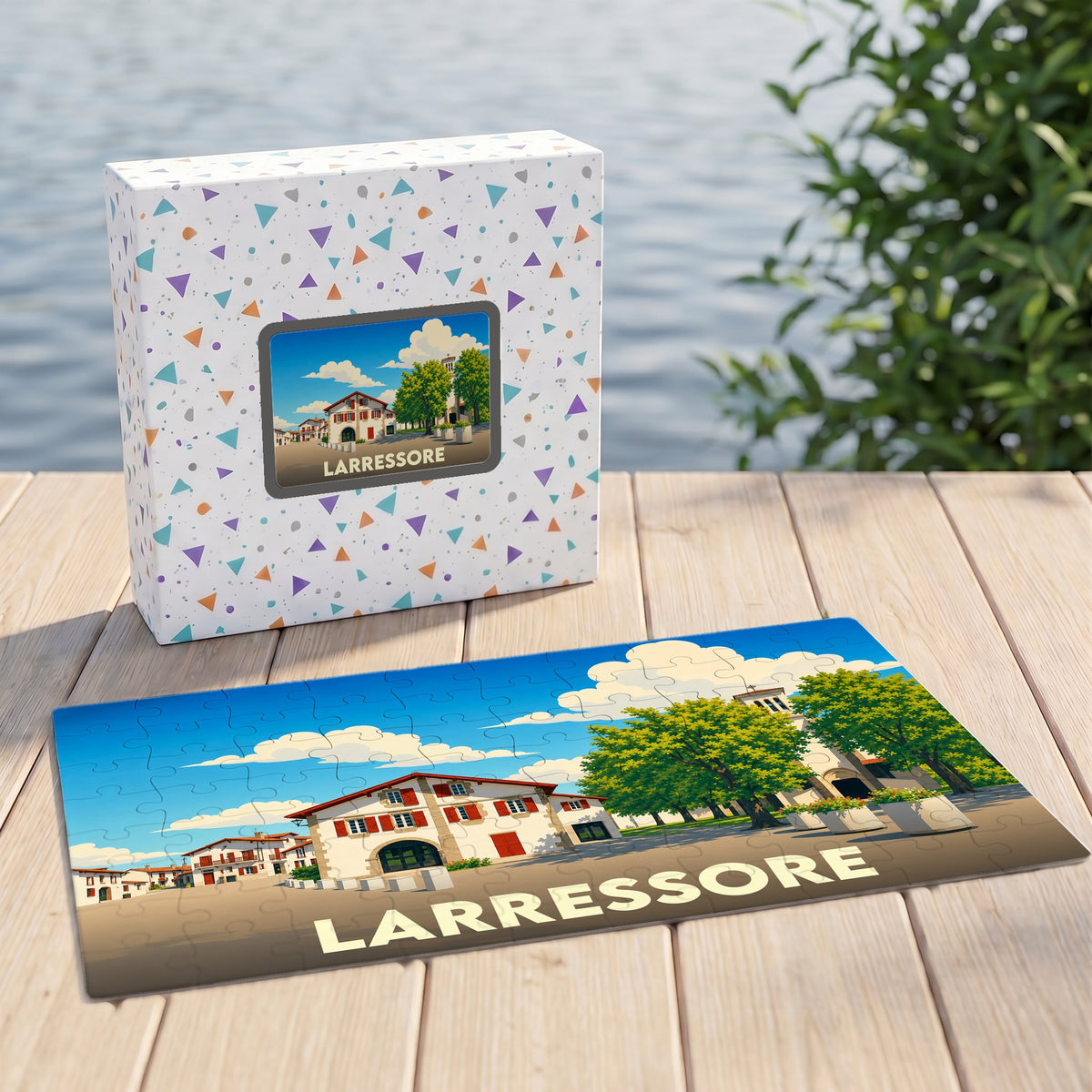 Puzzle souvenir de la ville de Larressore présentant une illustration stylisée et colorée.