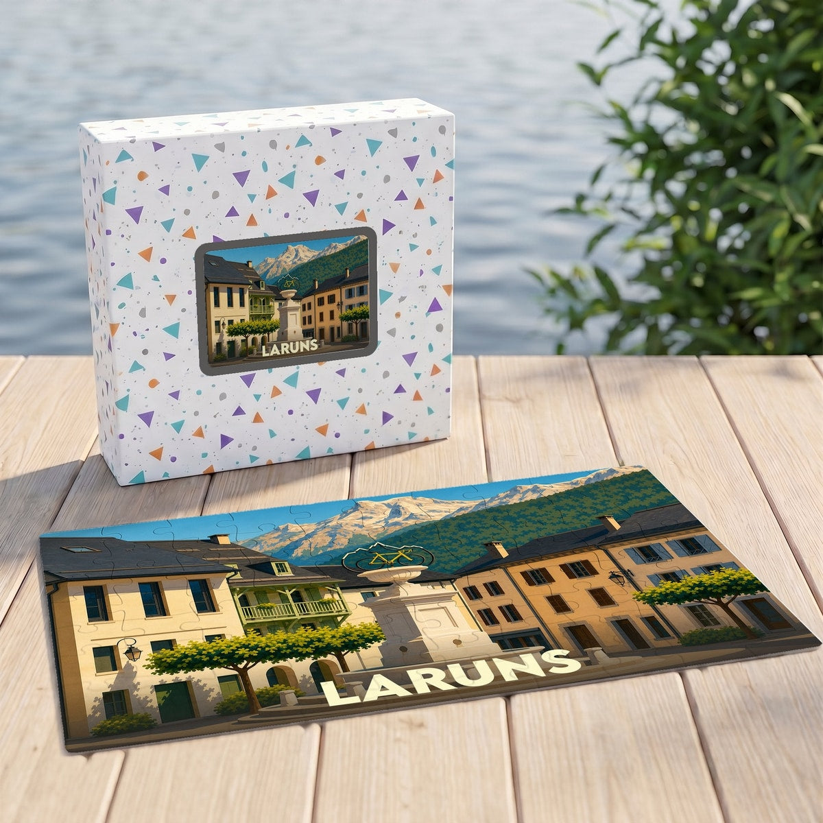 Puzzle souvenir de la ville de Laruns avec une illustration stylisée de sa place et des montagnes.