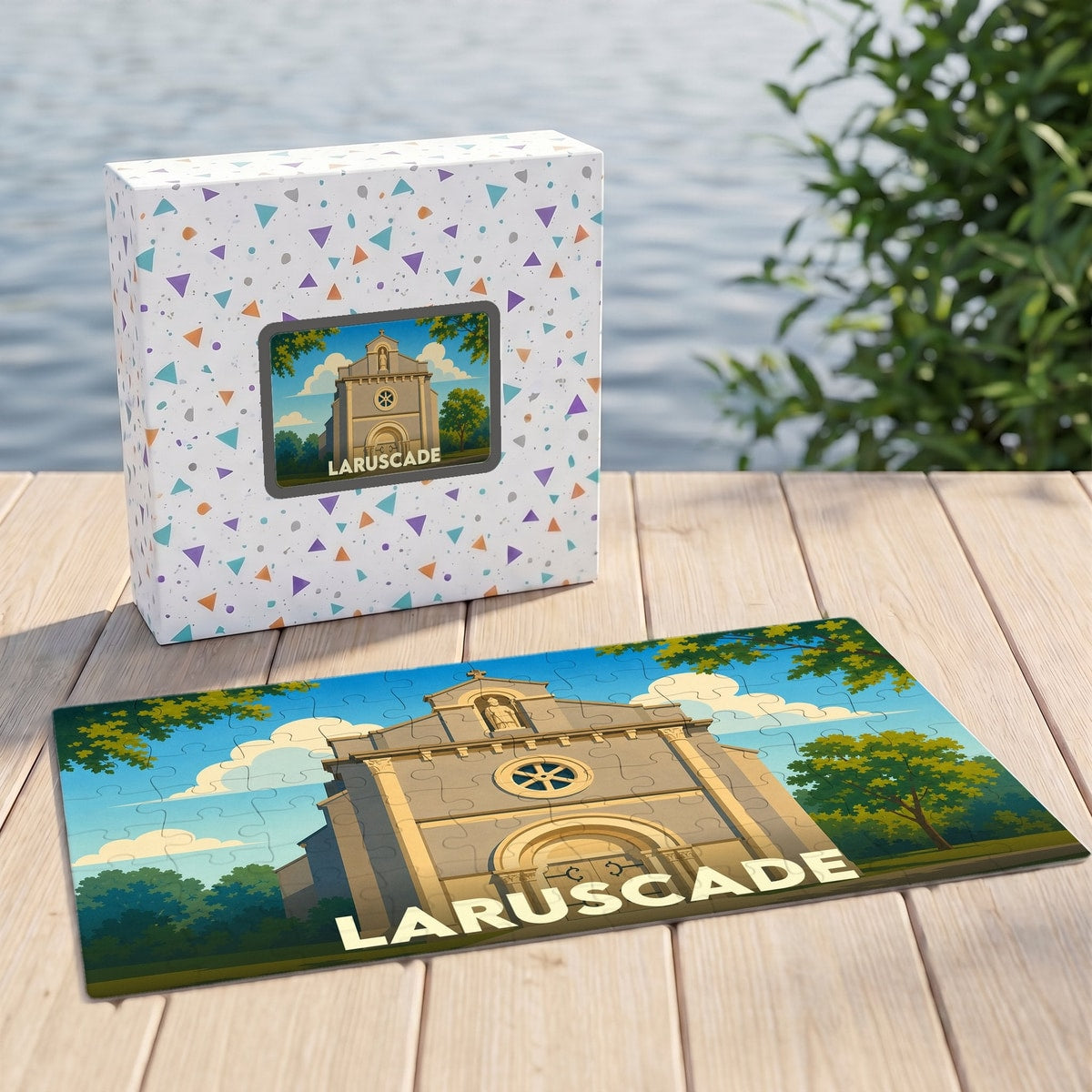 Puzzle souvenir de la ville de Laruscade illustrant son église dans un style graphique épuré.