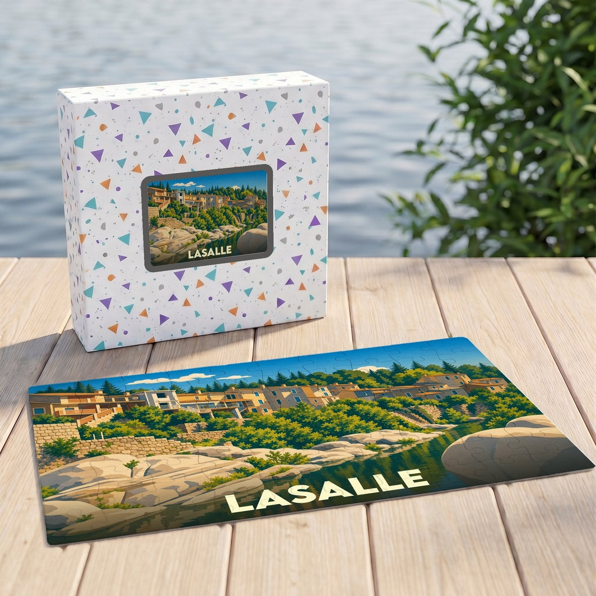 Puzzle souvenir de la ville de Lasalle avec une illustration stylisée de son paysage côtier.