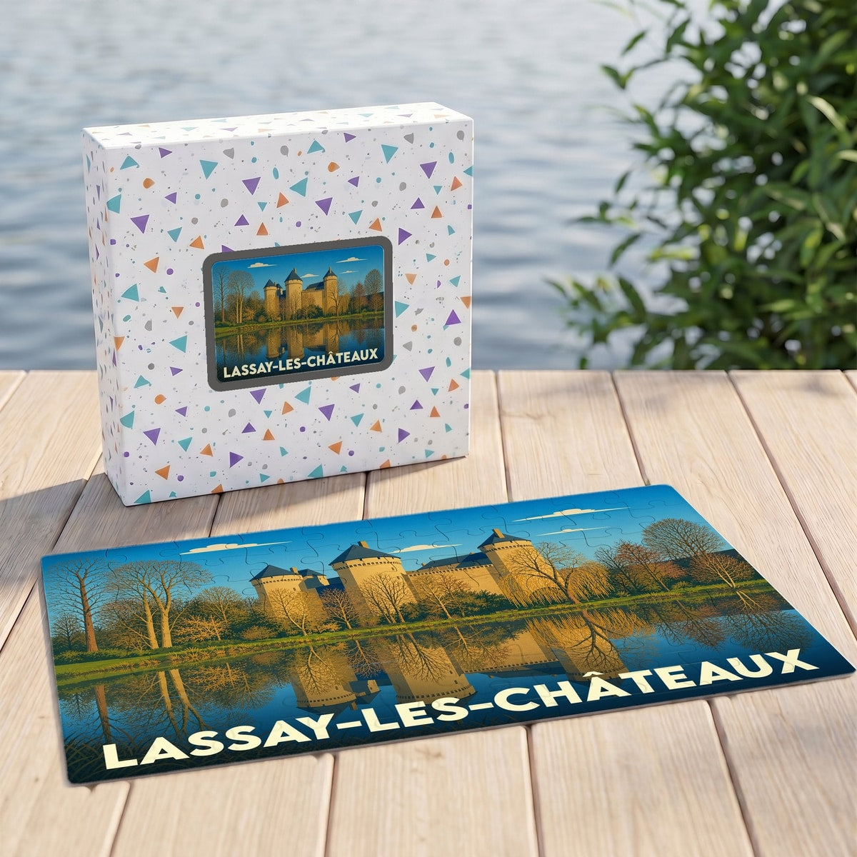 Puzzle souvenir de la ville de Lassay-les-Châteaux avec une illustration stylisée de son château et de son reflet sur l'eau.