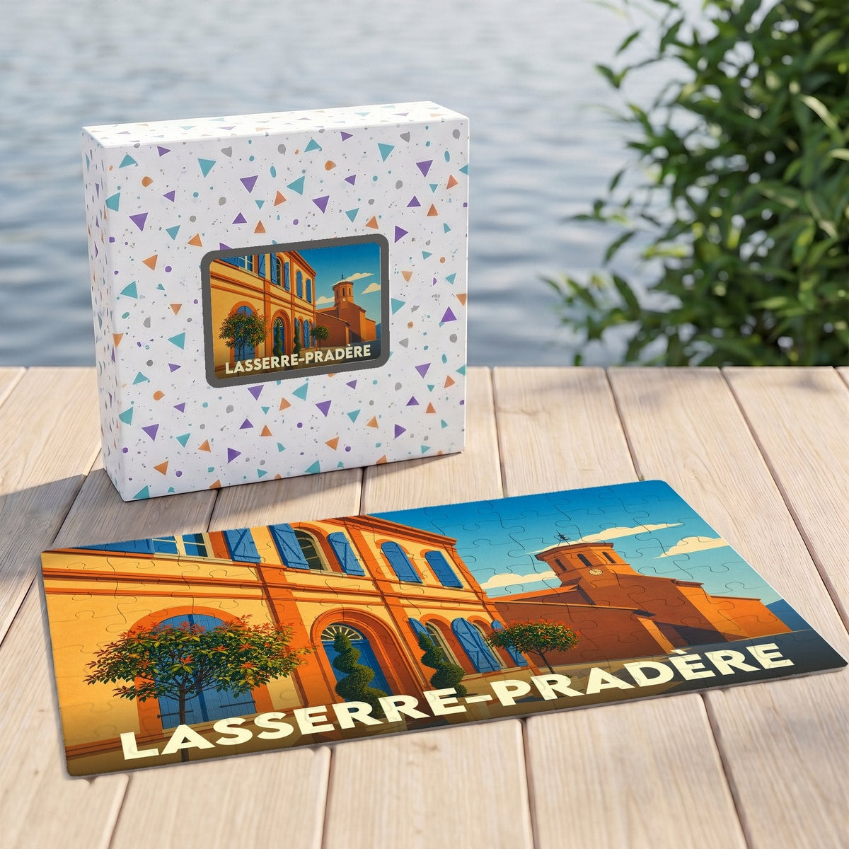 Puzzle souvenir de la ville de Lasserre-Pradère avec une illustration stylisée et colorée.
