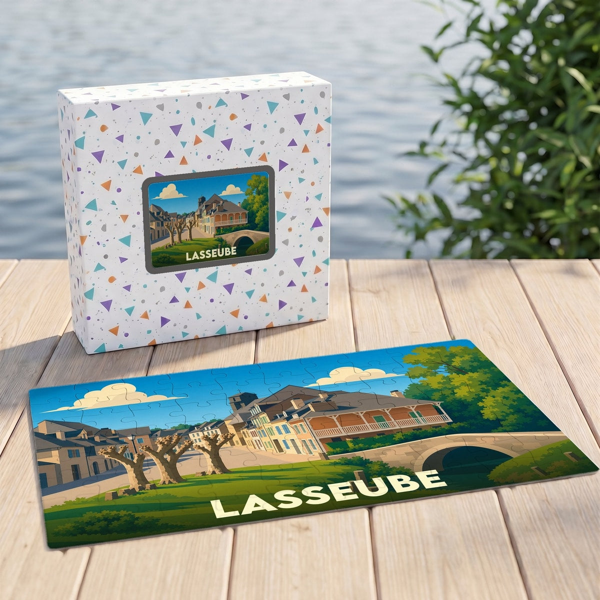 Puzzle souvenir de la ville de Lasseube avec une illustration stylisée et colorée.