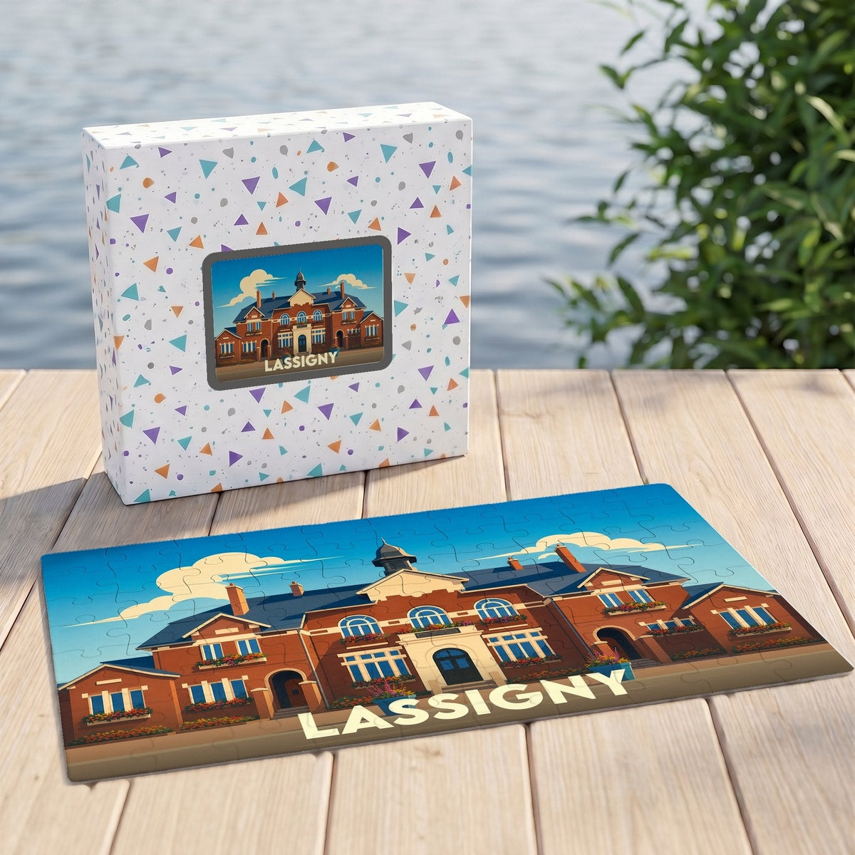Puzzle souvenir de la ville de Lassigny avec une illustration stylisée d'un bâtiment en briques.