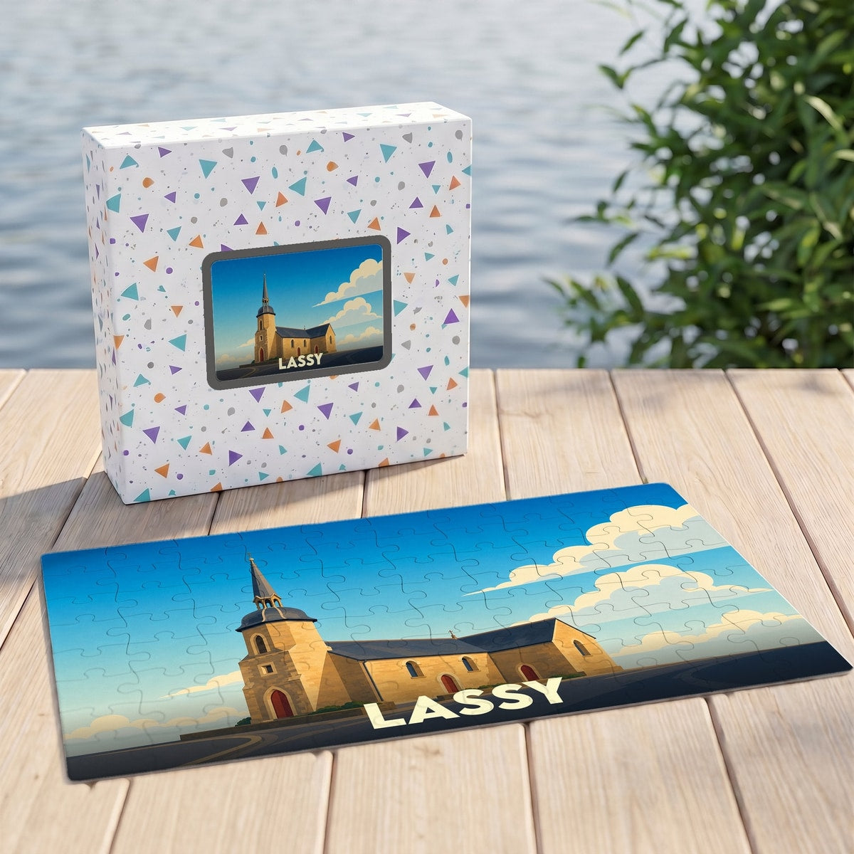 Puzzle souvenir de la ville de Lassy avec une illustration stylisée d'une église sous un ciel bleu.