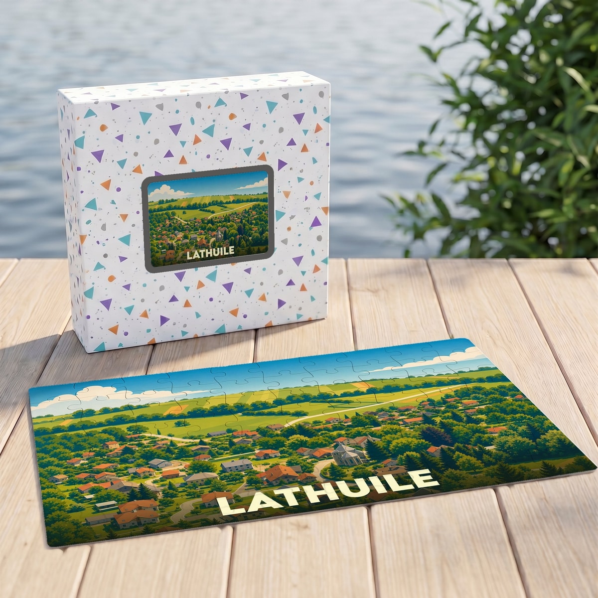 Puzzle souvenir de la ville de Lathuile représentant un paysage illustré, accompagné de sa boîte assortie.