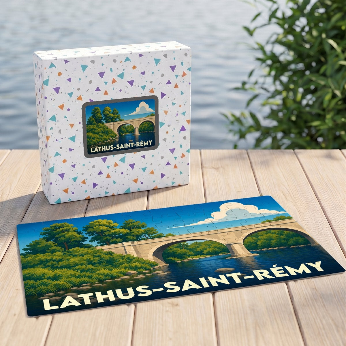 Puzzle souvenir de la ville de Lathus-Saint-Rémy avec une illustration stylisée d'un pont de pierre au bord de l'eau.